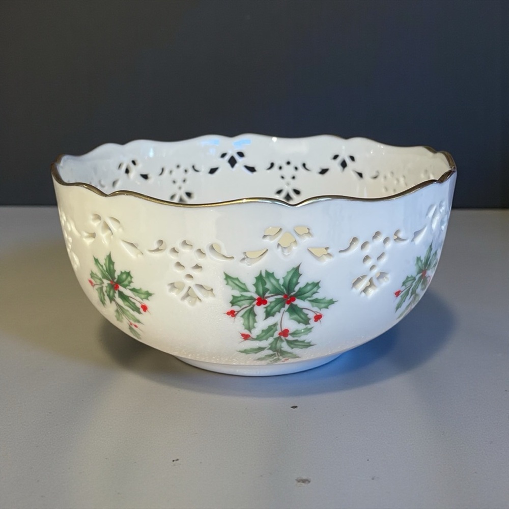 Lenox Holiday bowl with cutouts and gold trim, made in USA, no flaws